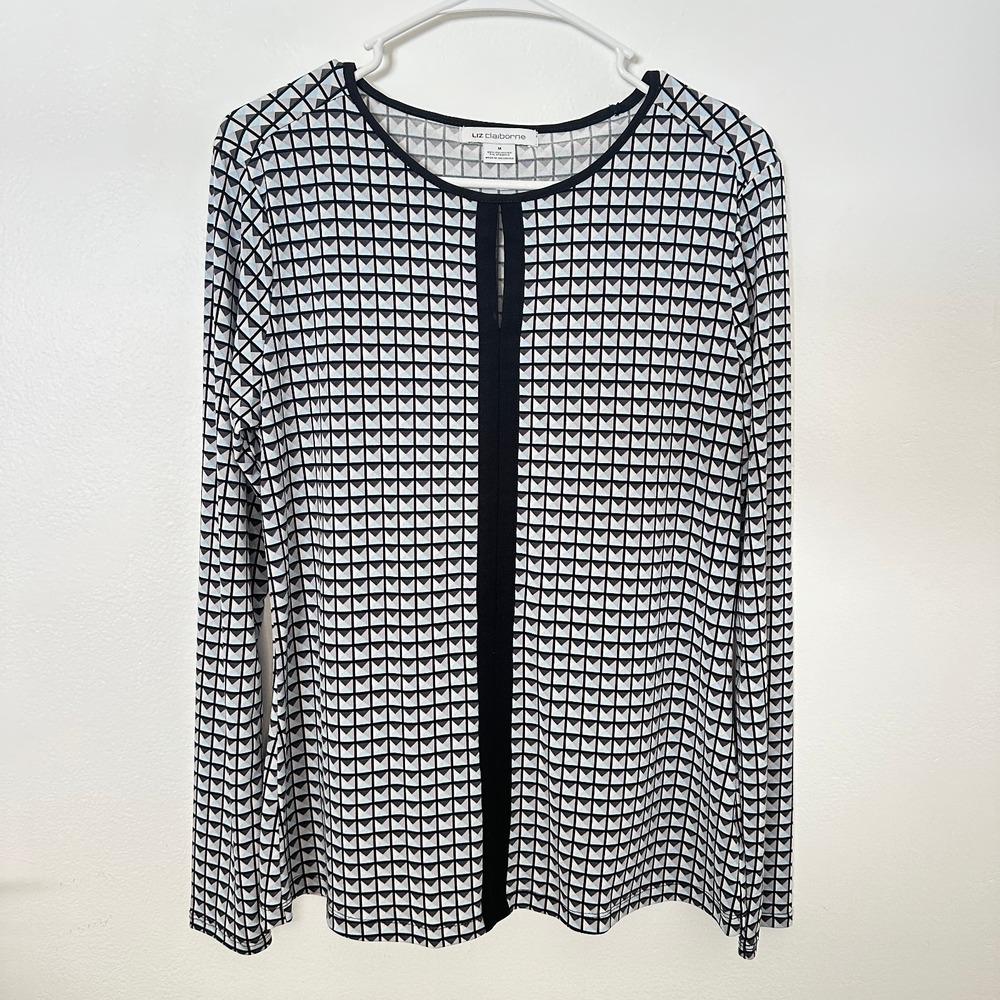 Liz Claiborne Geometric Print Top Black White Long Sleeve Blouse Medium - Picture 1 of 7